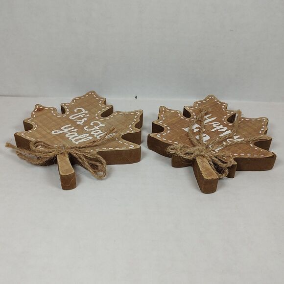 Lot of 2 Happy Fall It's Fall Y'all Wooden Maple Leaf Tabletop Decor Shelf - Picture 9 of 16
